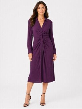 DKNY Purple Twist Front Midi Dress Size 16 Long Sleeve Career Cocktail Shirt